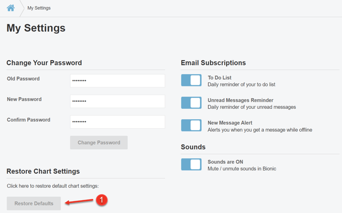 A screenshot of how to restore chart settings in Bionic as explained on this page.