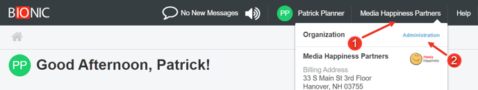 A screenshot of how to access the Administration section in a Bionic Planner Account.