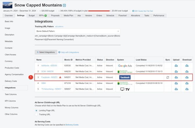 A screenshot of the integrations for a campaign.