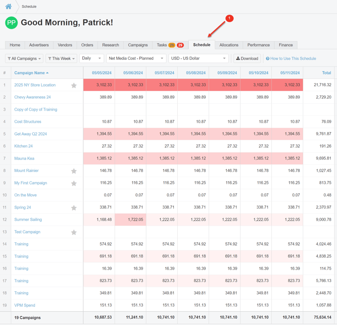 A screenshot of the Schedule Tab on the home page.
