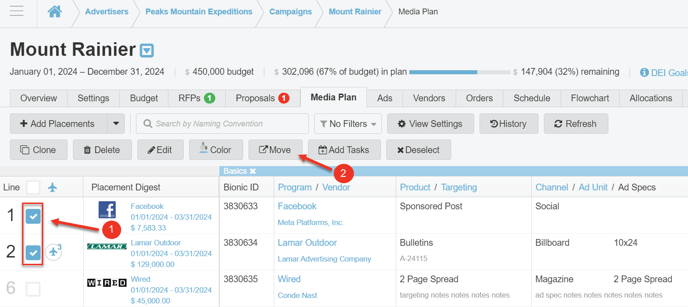 A screenshot of a Media Plan and how to bulk move placements.