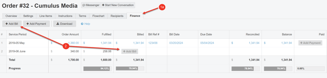 A screenshot of the Finance Tab of an Order.