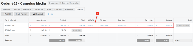 A screenshot of the finance tab in an order.