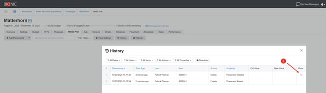 Screenshot of the History Log in a Media Plan
