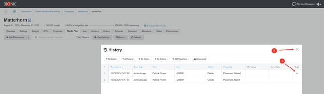 Screenshot of the History Log in a Media Plan after Undo was Clicked