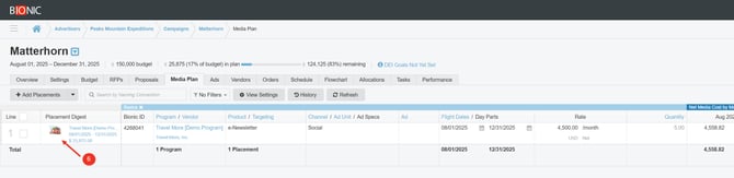Screenshot of a placement in a media plan