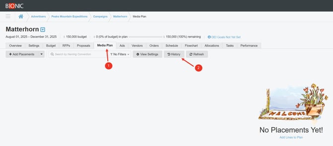 Screenshot of a blank Media Plan