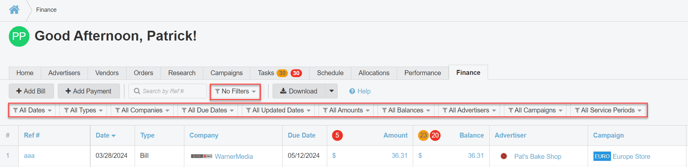 A screenshot of the filters on the finance tab on the home page.