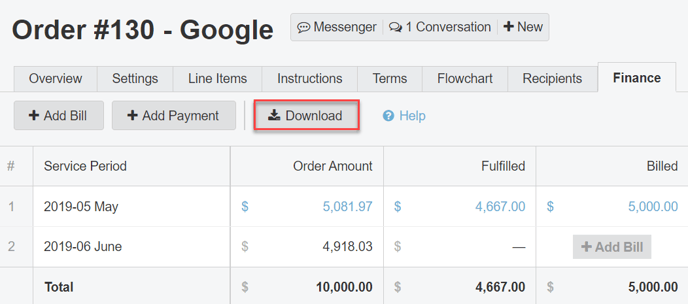 A screenshot of the download button on the finance tab of an order.