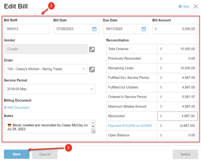 A screenshot of the edit bill dialog.