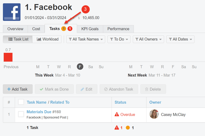 A screenshot of the Tasks Tab on the Line Items Level.