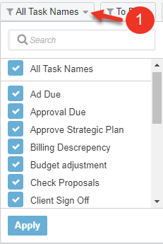 A screenshot of the Tasks Name filter.