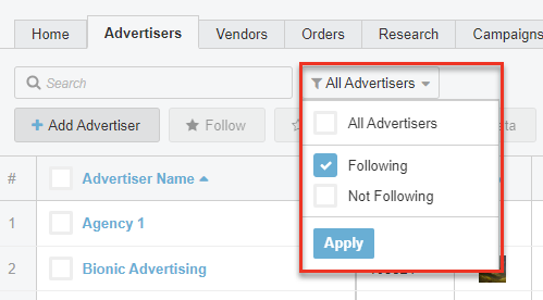 A screenshot showing how to filter by followed Advertisers.