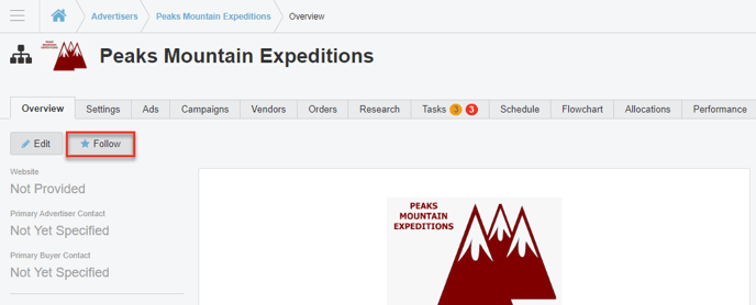 A screenshots of how to Follow an Advertiser from the Overview Tab of an Advertiser.