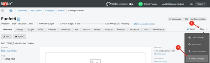 A screenshot of the more dropdown and the delete campaign option.