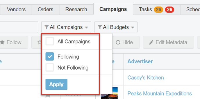 A screenshot of the All Campaigns filter in the Campaigns Tab.