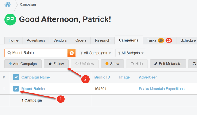 A screenshot of how to follow a campaign in the Campaigns Tab.