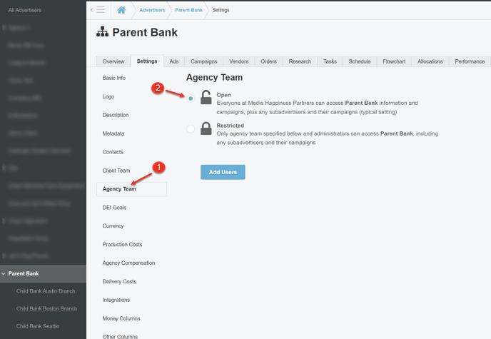 A screenshot of the Agency Team page under Settings tab for an Advertiser highlighting how to Open restrictions.
