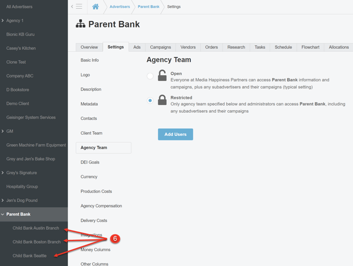 A screenshot highlighting all subadvertisers under the Parent Bank advertiser.