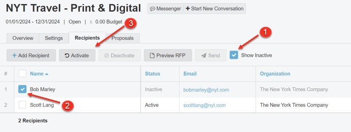 A screenshot of how to reactivate a recipient.