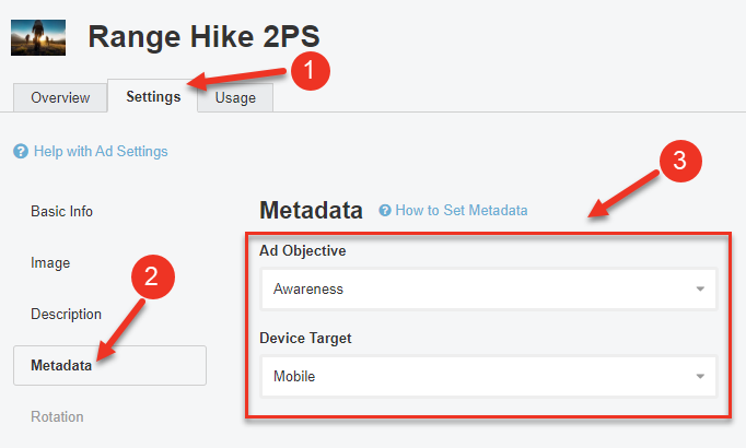 A screenshot of how to configure campaign metadata in an Ad's Settings tab.