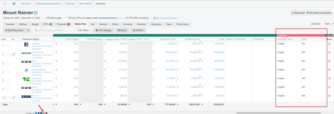 A screenshot of custom columns in a media plan.