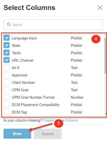 A screenshot of the Select Columns dialog to select default custom columns.