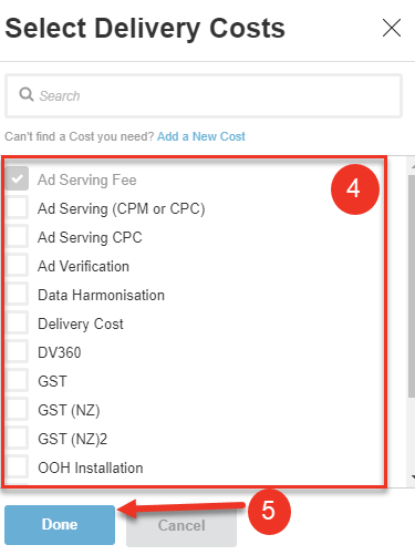 A screenshot of the delivery costs dialog and costs list.