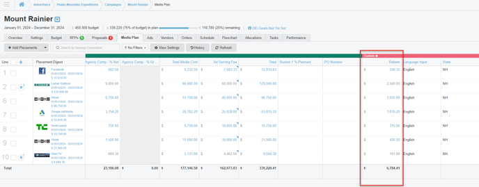 A screenshot of a media plan displaying a custom money column.