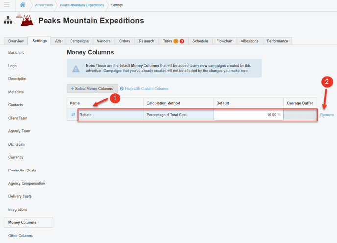 A screenshot showing how to remove a default money column for an Advertiser.