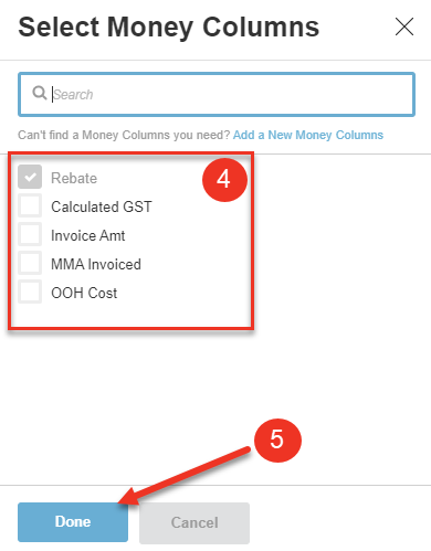 A screenshot of the select money column dialog for an Advertiser.