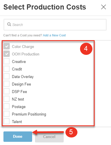 A screenshot of the Production Costs dialog.