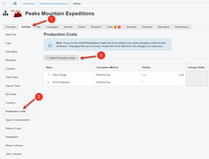 A screenshot of the production costs section in the settings tab of an Advertiser.