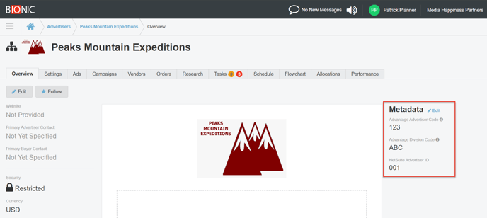 A screenshot of advertiser metadata in the overview tab of a metadata.