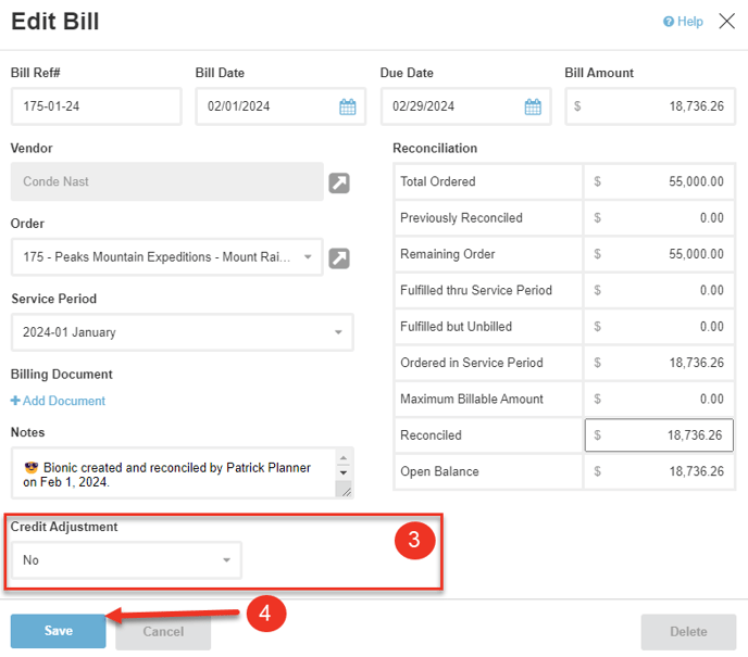 A screenshot of the Edit Bill dialog, highlighting custom fields.