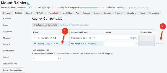 A screenshot of selected agency compensation costs and how to remove them.