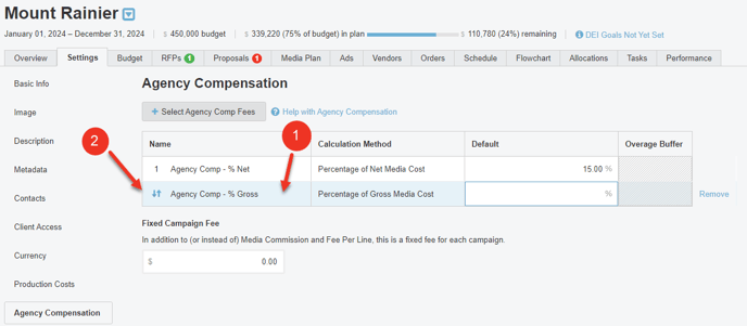 A screenshot of selected agency compensation costs and how to re-order them.