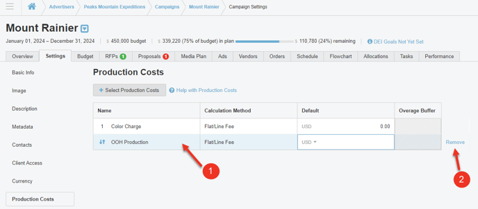 A screenshot of selected production costs and how to remove one..