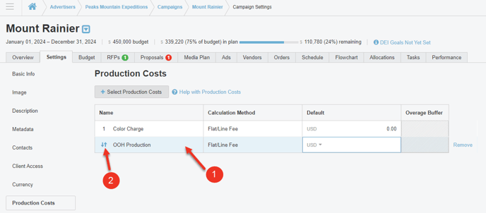 A screenshot of selected production costs and how to re-order them.