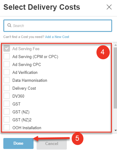 A screenshot of the delivery costs dialog and costs list.