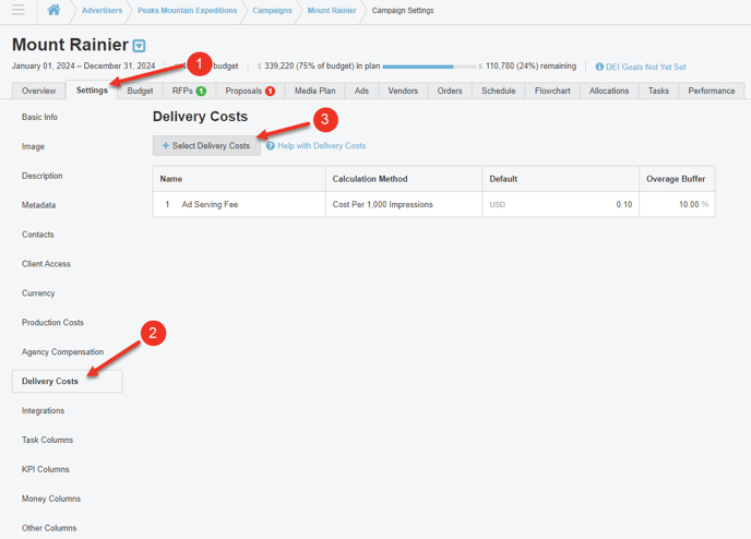 A screenshot of the delivery costs section in the settings tab of a Campaign.