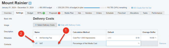 A screenshot of selected delivery costs and how to re-order them.