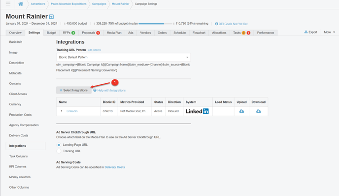 A screenshot of how to select integrations for a campaign..