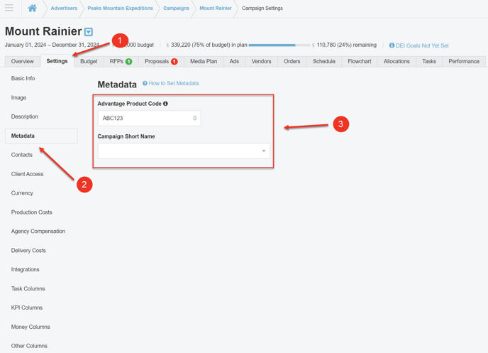 A screenshot of how to configure campaign metadata in a Campaign's Settings tab.