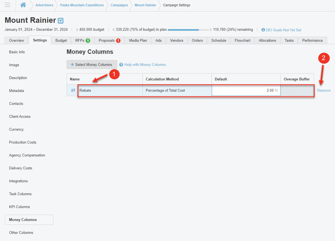 A screenshot showing how to remove a default money column for a campaign.
