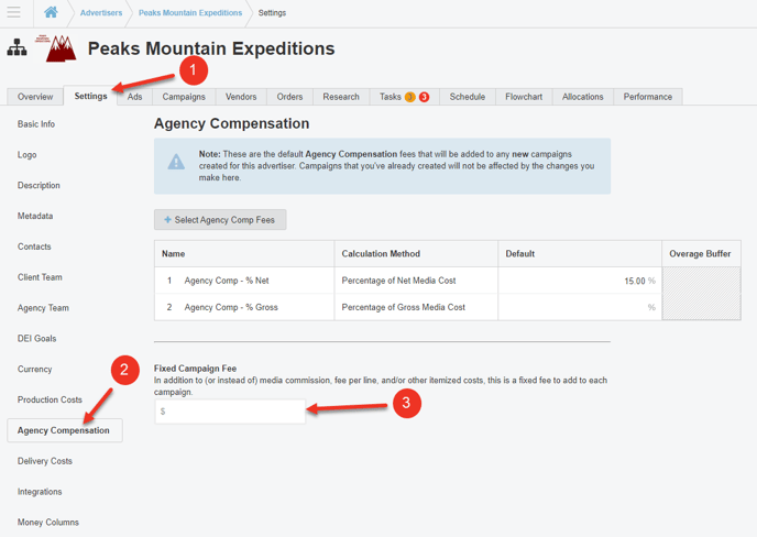 A screenshot of the agency compensation costs section in the settings tab of an Advertiser.