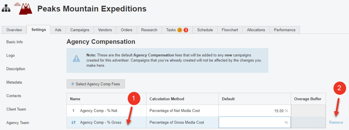 A screenshot of selected agency compensation costs and how to remove them.