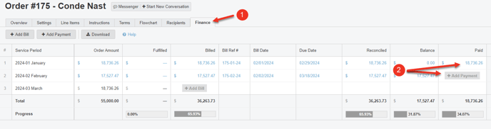 A screenshot of the Finance Tab of an Order.