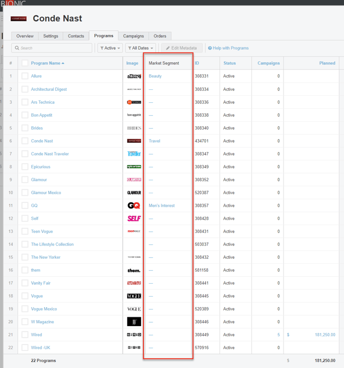 A screenshot of metadata columns displayed in the Programs Tab of a Vendor.