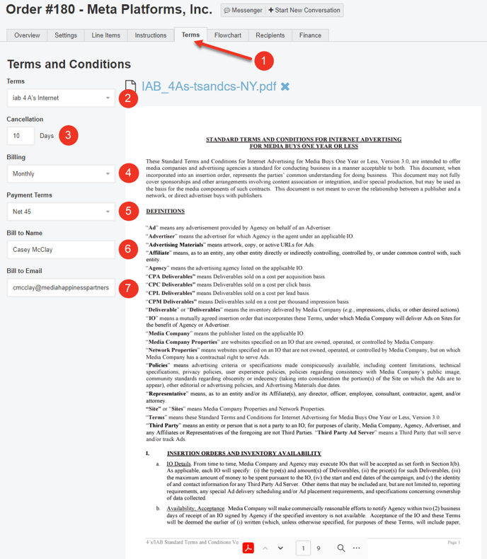 A screenshot of the Terms tab in an Order.
